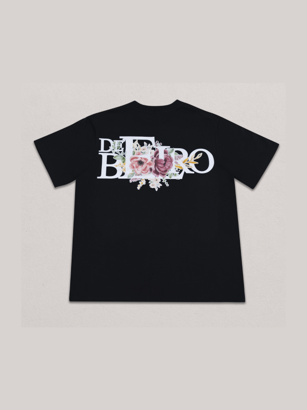 De’Belro Floral Emblem Tee – Black (Pink Bloom Edition)